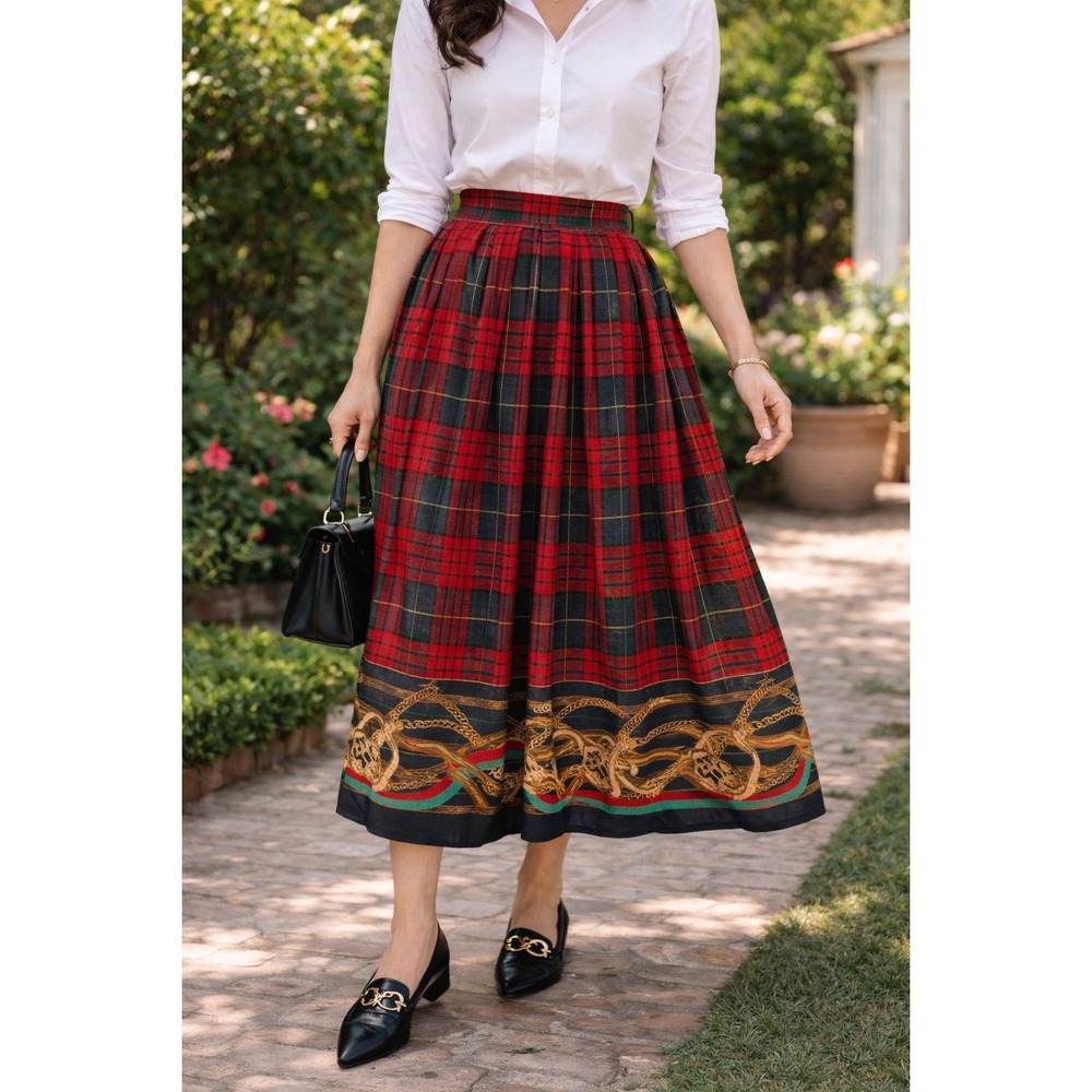 Vintage Chaus Red Plaid Equestrian Pleated Midi Skirt Vintage‎ Size 10